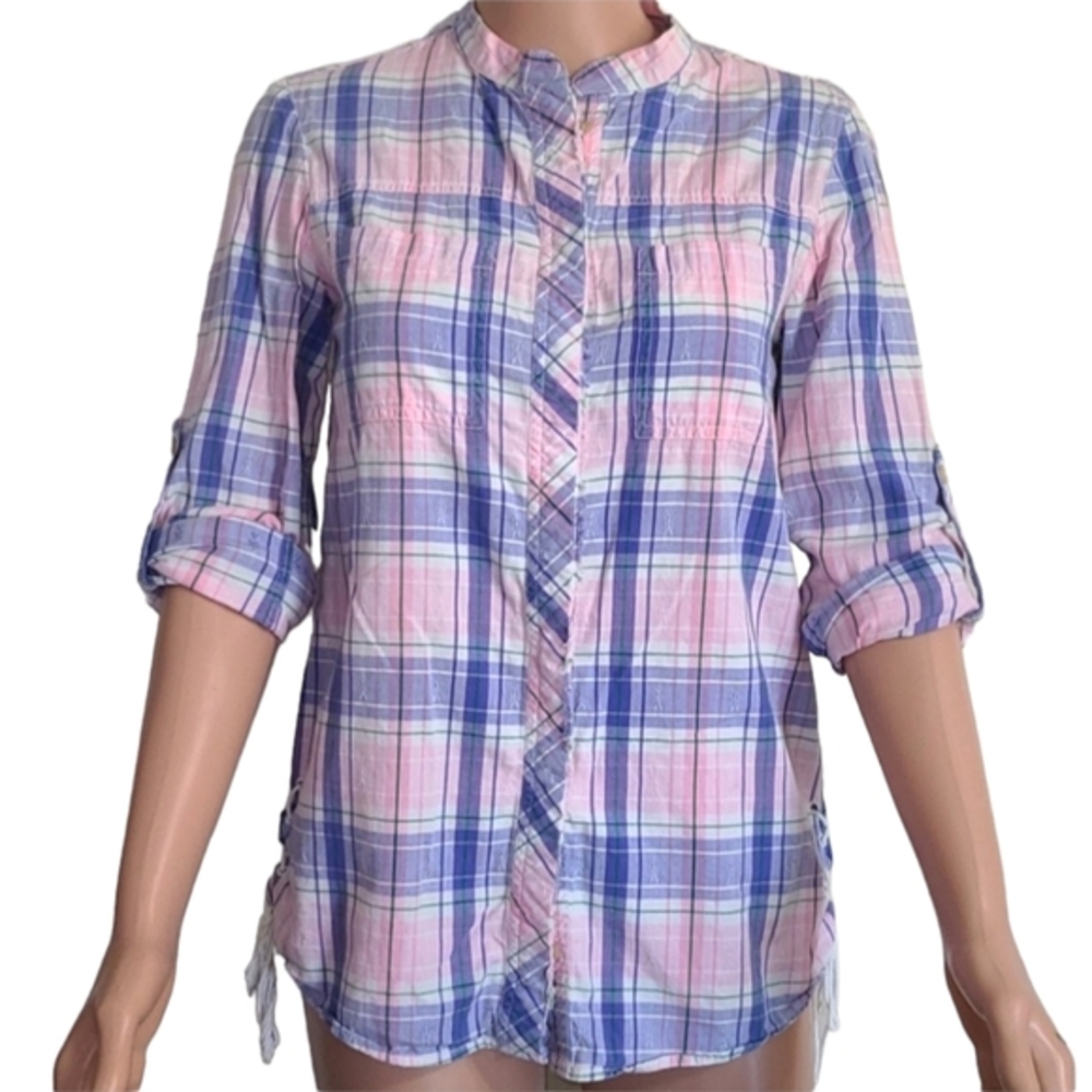 Banana Republic Women's Button Down Pink/Purple Plaid Roll-up Sleeve Shirt Sz S